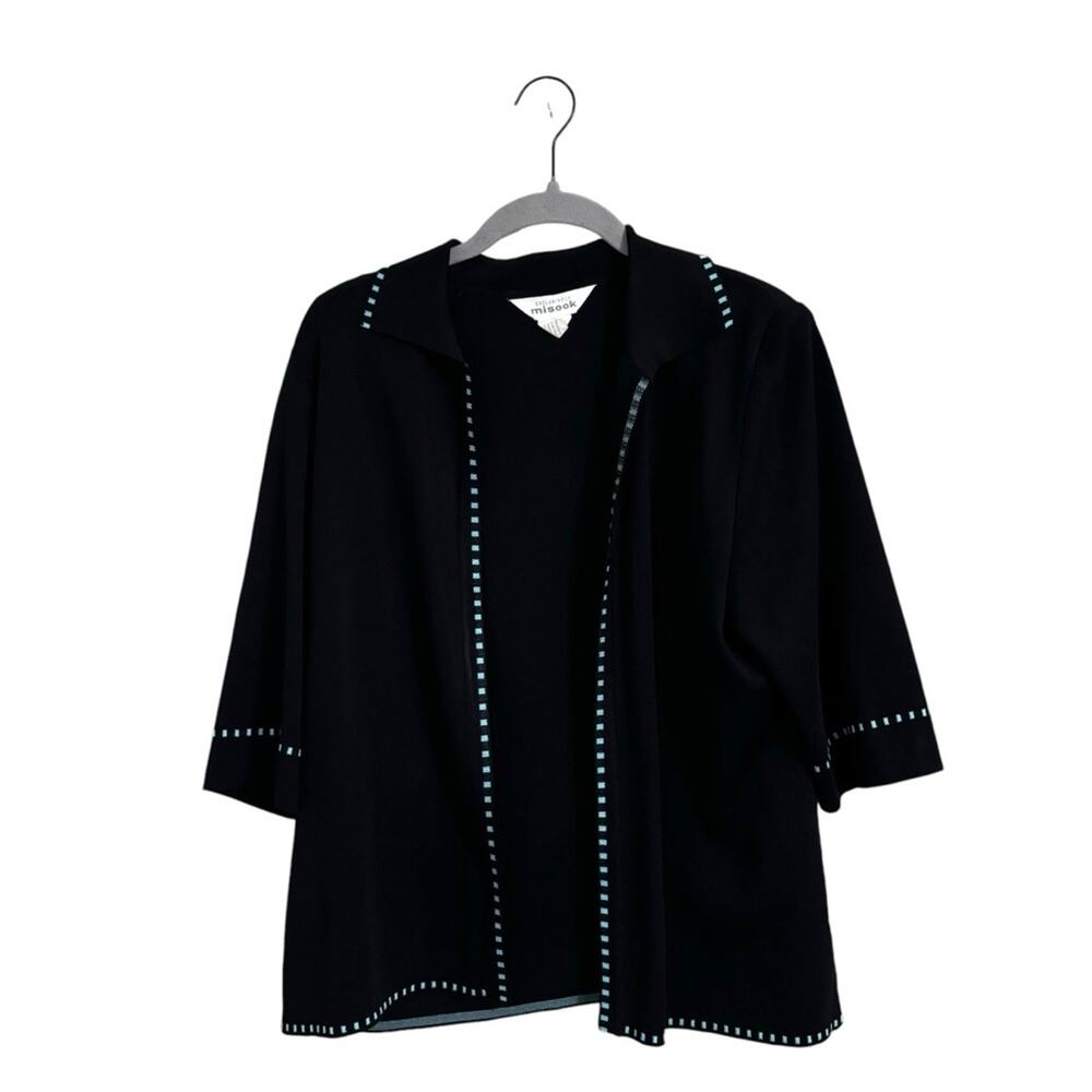 Exclusively Misook Open Front 3/4 Sleeve Blazer Black Blue Trim‎ Medium